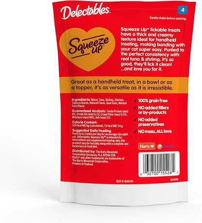 Delectables Squeeze Up Creamy Squeezable Puree, Lickable Wet Cat Treats, Grain Free, No Added Fillers, No By-Products, No Added Preservatives, 0.5 Ounces Tuna &amp; Shrimp, 32 Tubes Total