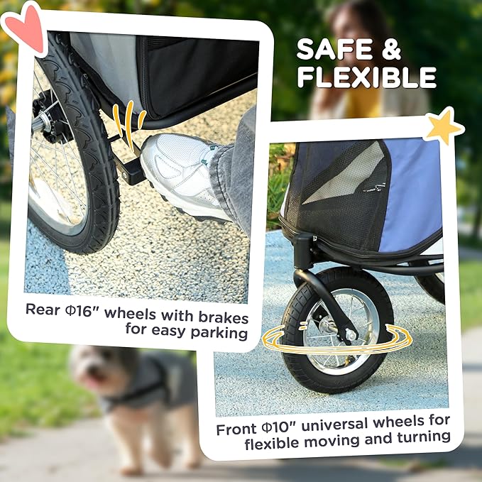PawHut Dog Stroller, Pet Stroller 3 Wheels with Easy One-Hand Fold, Rubber Wheels, Storage Bag, Soft Cushion, Safety Leash, for Small &amp; Medium Dogs, Blue