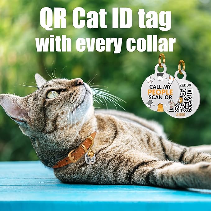 BRONZEDOG Leather Cat Collar with Removable Bells Non Breakaway Kitten QR Tag for Girl Boy (9" - 12" Cats/Mini Dogs, Light Brown &amp; Silver)