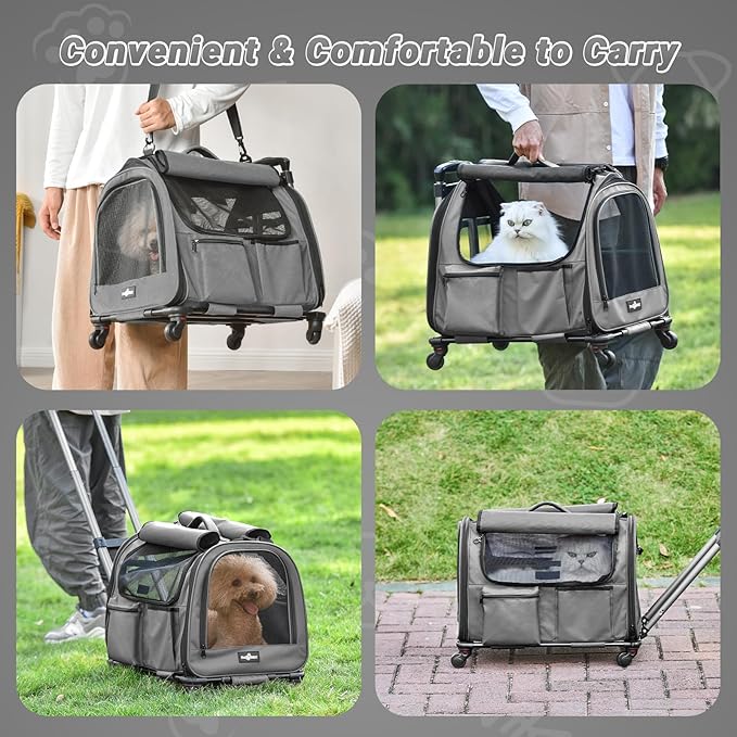 Large Pet Carrier with Wheels, Foldable Rolling Dog Carrier with Wheels and Big Pocket, Cat Rolling Bag 21"x13"x13" for 2 Cats &amp;Dogs, for Travel, Outdoor, Vet Visits, Camping, Indoor. Gray