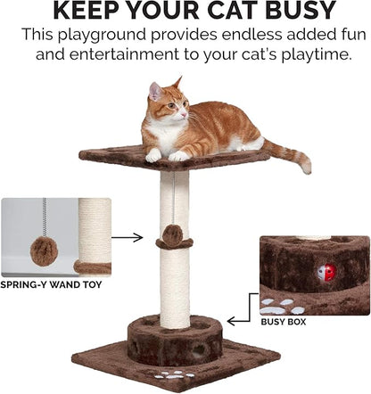 Furhaven 22.5" Tall Cat Tree for Indoor Cats, Ft. Sisal Scratching Post, Plush Ball Toy, &amp; Busy Box Toy - Tiger Tough Scratching Post Interactive Playground - Brown, One Size