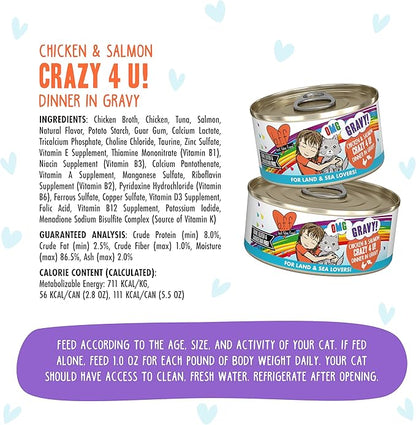 Weruva B.F.F. OMG - Best Feline Friend Oh My Gravy! Grain-Free Wet Cat Food Cans, Crazy 4 U! Chicken &amp; Salmon, 5.5-Ounce Can (Pack of 8)