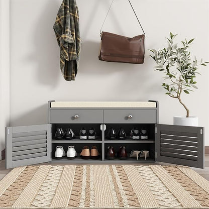 Shoe Storage Bench with 2 Drawers &amp; 2 Doors, Entryway Bench with Cushion, 2 Adjustable Shelves, Shoe Cabinet for Entryway, Living Room, Hallway, Mudroom, Bedroom, Grey