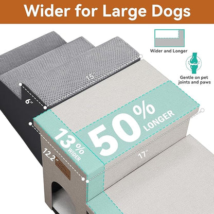 Dog Stairs with Condo 23" H, 4-Step Wider Folding Storage Pet Stairs Gift for Small/Medium/Large Old Dogs Cats, Dog Steps for High Beds Window, Ramp for Climbing Car Up to 200 lbs, Beige
