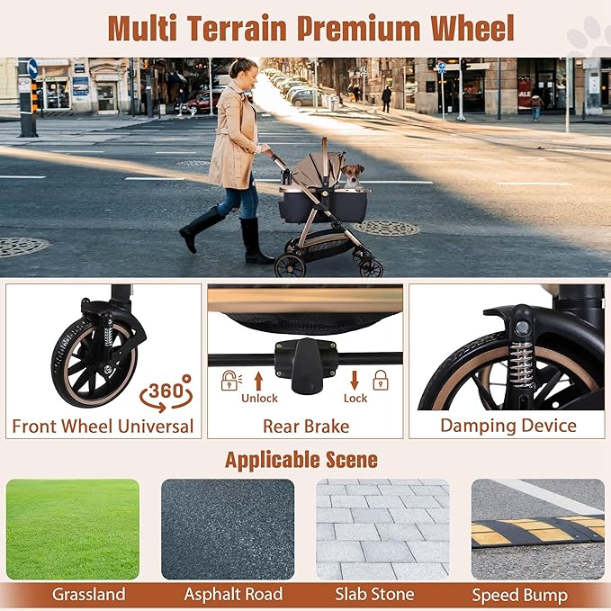 3 in 1 Multifunction Pet Stroller for Small Medium Dogs Cats, No-Zip Dog Stroller with Detachable Carrier &amp; Cup Holder, One-Hand Quick Fold, 4 Wheels Travel Foldable Aluminum Alloy Frame Up to 33 lbs