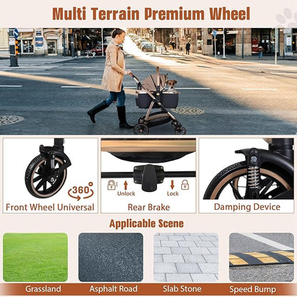 3 in 1 Multifunction Pet Stroller for Small Medium Dogs Cats, No-Zip Dog Stroller with Detachable Carrier &amp; Cup Holder, One-Hand Quick Fold, 4 Wheels Travel Foldable Aluminum Alloy Frame Up to 33 lbs