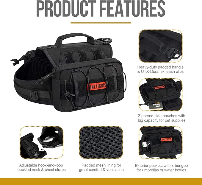 OneTigris Dog Backpack for Medium &amp; Large Dogs, Nylon Backpack for Dogs Tactical Pet Backpack with Side Pockets for Hiking Walking Training Running (Black, Medium)