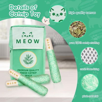Homrich Catnip Toys for Cats, 3-Pack Funny Cat Toys Filled with 100% Pure Organic Catnip, Safe Kitten Teething Chew &amp; Kicker Toys - Interactive Cat Toys for Bored Indoor Adult Cats