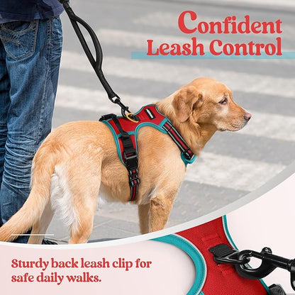 rabbitgoo Dog Harness No Pull with 2 Leash Clips, Adjustable Soft Padded, Reflective Oxford No Choke Pet Vest with Easy Control Handle for Medium Sized Dogs, Red &amp; Teal, M