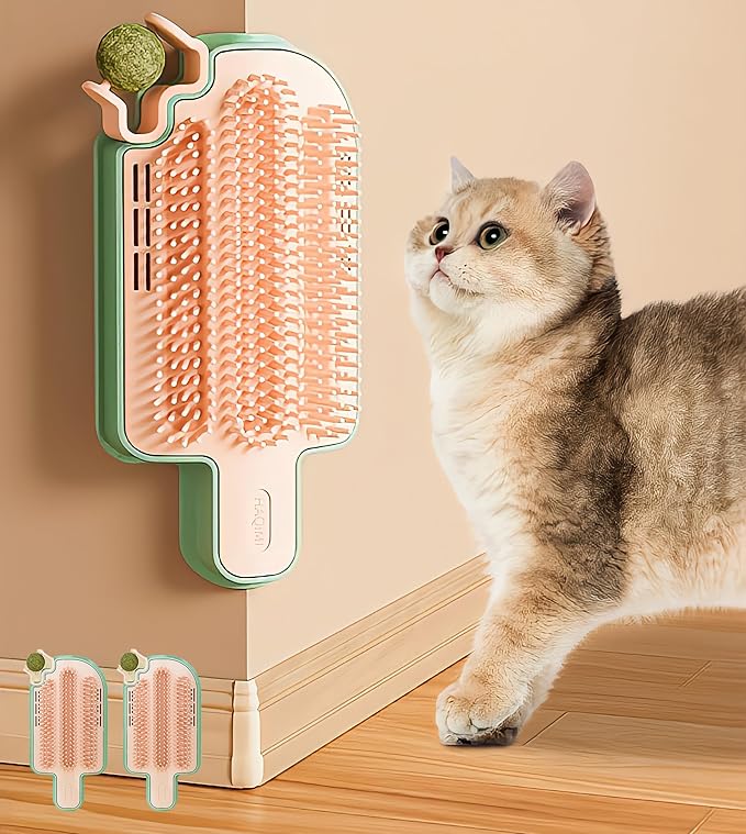 Catnip Toys for Indoor Cats 2 Pack, Stick on Wall Cat Brush with Catnip Ball Toys, 2 in 1 Massage &amp; Self Groomer, Corner Brush