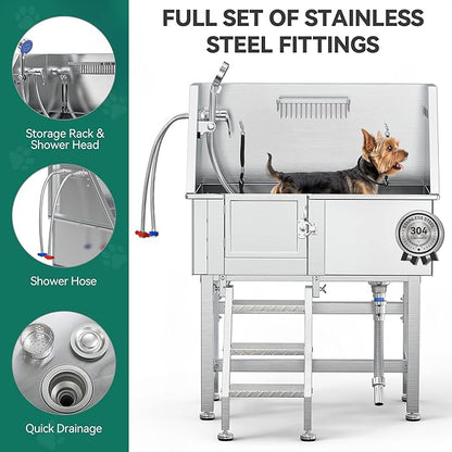 YITAHOME Dog Grooming Bathtub 38in, Professional 304 Stainless Steel Dog Bathing Station Tub w/Left Stairs, Faucet, Floor Grate, Pet Washing Station for Small, Medium, Indoor, Outdoor