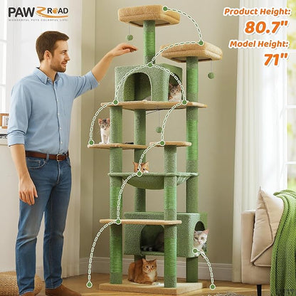 PAWZ Road Heavy Duty Cat Tree for Large Cats, 81 Inches Cactus Tall Cat Tower with 2 Perches, 2 Condos and Spacious Hammock, XL Extra Large Condo with 7 Scratching Posts for 20lb+ Adult Cats, Green