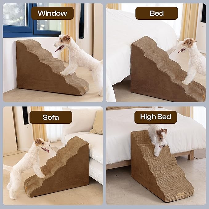 Dog Stairs for High Beds Up to 26-30", 5-Step Foam Pet Ramp with Washable Cover, Gentle Slope Steps, Bed &amp; Couch Ladder for Small Medium Dogs &amp; Senior Cat, Puppy Stairs to Get on Tall Furniture