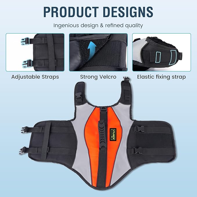 Heavy-Duty Reflective Dog Life Vest for Swimming - Adjustable Dog Flotation Vest with Rescue Handle, Pool &amp; Beach PFD Life Jacket for Large Dogs (XXXL, Orange)