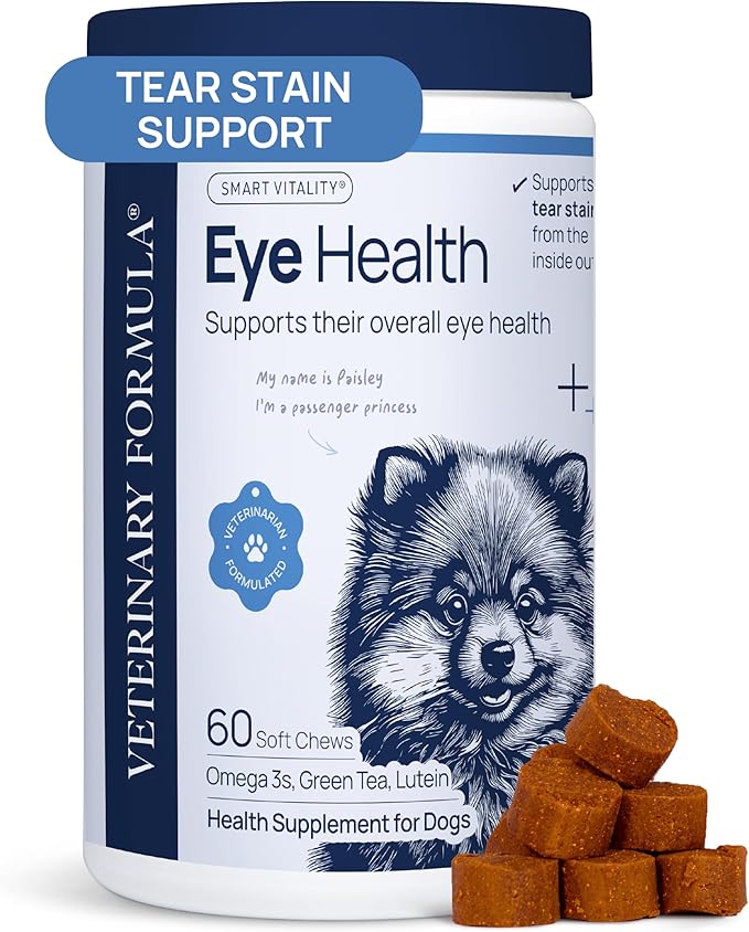 Veterinary Formula Eye Health Supplement for Dogs – Vet-Formulated Tear Stain Chews with Omega 3, Lutein &amp; Cranberry – Smart Vitality Supports Eye Moisture, Stain Reduction &amp; Immunity, 60 Soft Chews