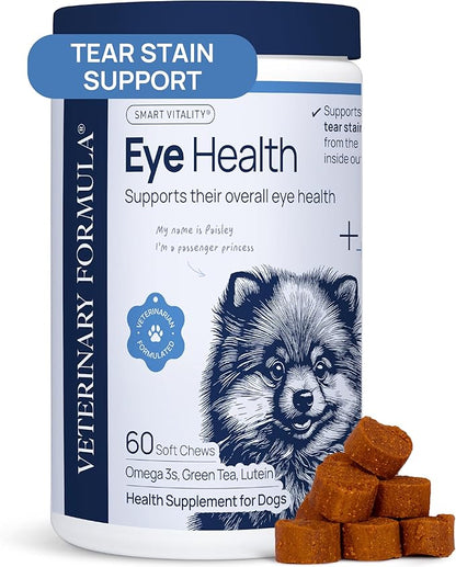 Veterinary Formula Eye Health Supplement for Dogs – Vet-Formulated Tear Stain Chews with Omega 3, Lutein &amp; Cranberry – Smart Vitality Supports Eye Moisture, Stain Reduction &amp; Immunity, 60 Soft Chews