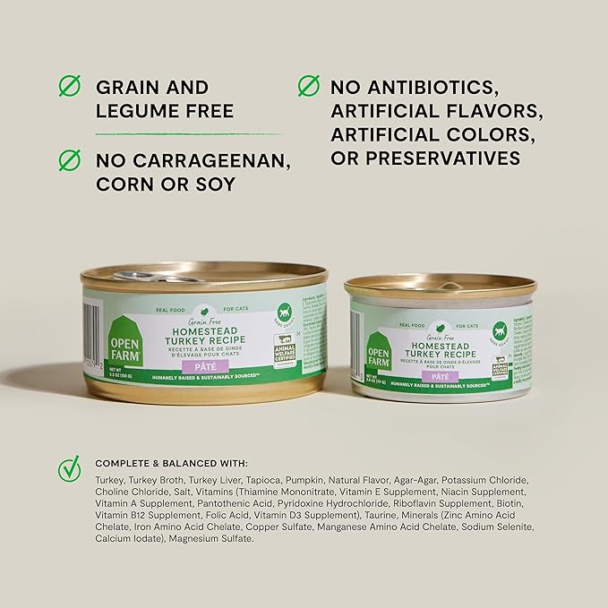 Open Farm Canned Cat Food, Paté for Complete &amp; Balanced Nutrition, Grain-Free and Legume-Free Wet Cat Food, Homestead Turkey Recipe, 5.3oz Cans (Case of 12)