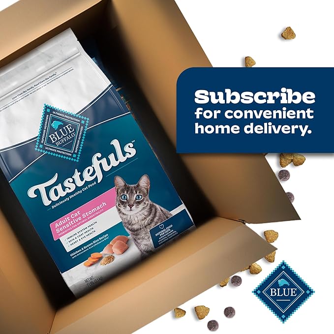Blue Buffalo Tastefuls Natural Dry Food for Adult Cats, Sensitive Stomach, Chicken &amp; Brown Rice Recipe, 3-lb. Bag