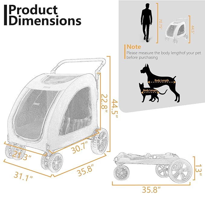 Extra Large Dog Stroller for Medium &amp; Large Pets - Foldable Design, Adjustable Handle, Up to 130 lbs(Black)