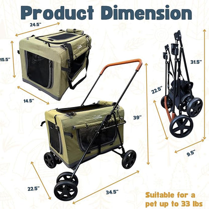 Pet Stroller Foldable Travel Crate for Small and Medium Dog and Cat, Portable Pet Travel Carrier, Pet Jogger with Detach Carrier