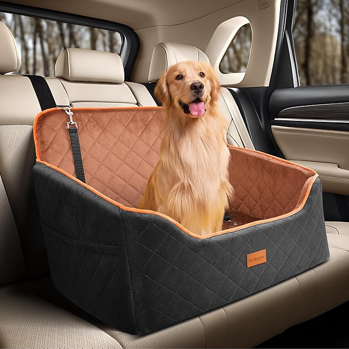 Dog Car Seat for Medium Dogs - Pet Car Seat with 2 Safety Straps &amp; Waterproof Padding, Portable Pet Carrier for Cars, Trucks &amp; SUVs, Comfortable Booster Bed for Pets Up to 55lbs (Black/Coffee)