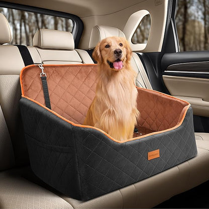Dog Car Seat for Medium Dogs - Pet Car Seat with 2 Safety Straps &amp; Waterproof Padding, Portable Pet Carrier for Cars, Trucks &amp; SUVs, Comfortable Booster Bed for Pets Up to 55lbs (Black/Coffee)