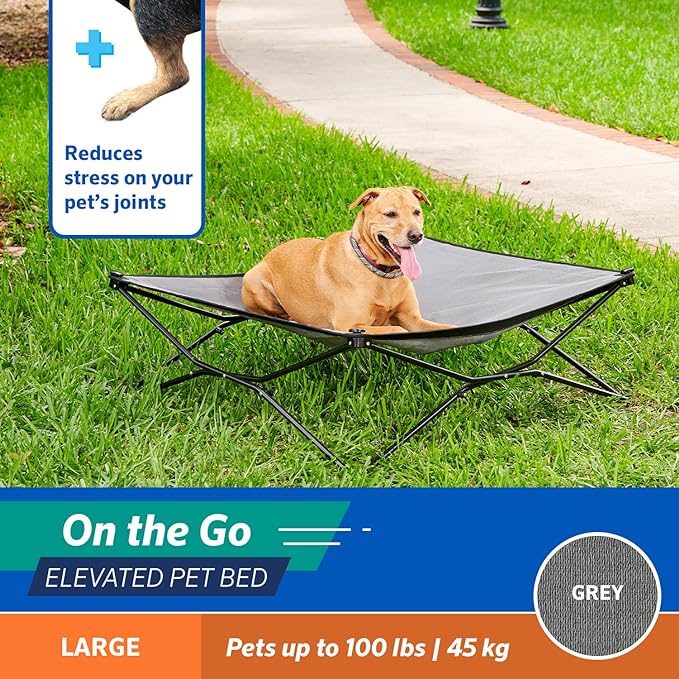 Coolaroo On-The-Go Elevated Dog Bed - Foldable Pop-Up Travel Dog Bed with Breathable, Moisture-Resistant Fabric, Carry Bag Included, Lightweight &amp; Portable, Steel Gray, Large