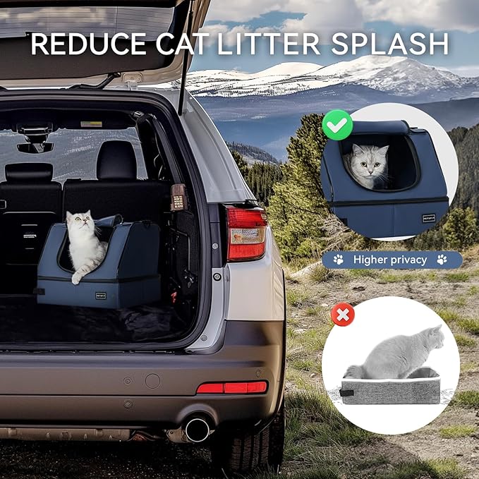 PETSFIT Travel Litter Box for Cats - Removable 2-Layer Leak-Proof Lining, Scratch-Resistant Fabric with Sturdy Support Frame, Cat Collapsible &amp; Travel Litter Box Navy Blue