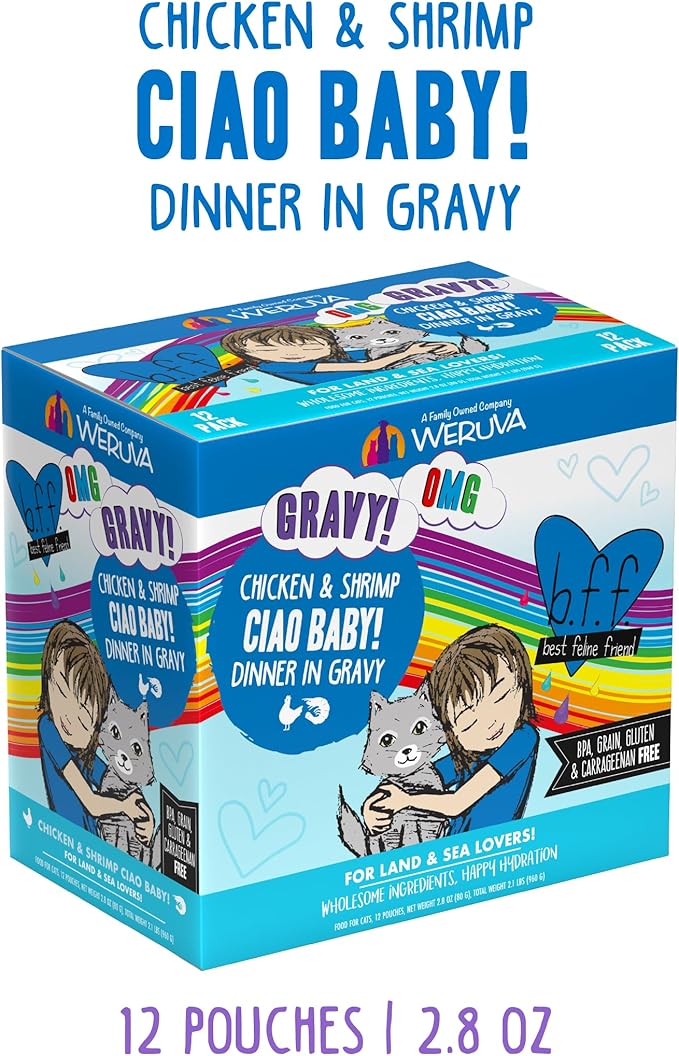 Weruva B.F.F. OMG - Best Feline Friend Oh My Gravy!, Ciao Baby! with Chicken &amp; Shrimp in Gravy Cat Food, 2.8oz Pouch (Pack of 12)