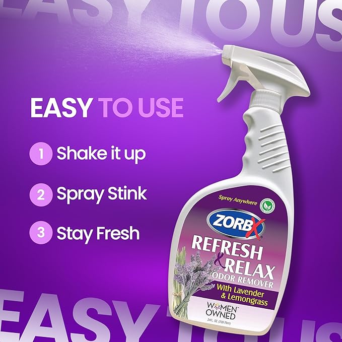ZORBX Lavender &amp; Lemongrass Spray, 24 Oz - All-Purpose Deodorizer, Refreshes Fabric, Removes Strong Odors, Perfect for Home, Car, Gym, Laundry
