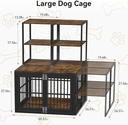 Dociote Heavy Duty Dog Crate Furniture with Storage Shelves，Large Dog Kennel Indoor End Table 39 Inch,Brown
