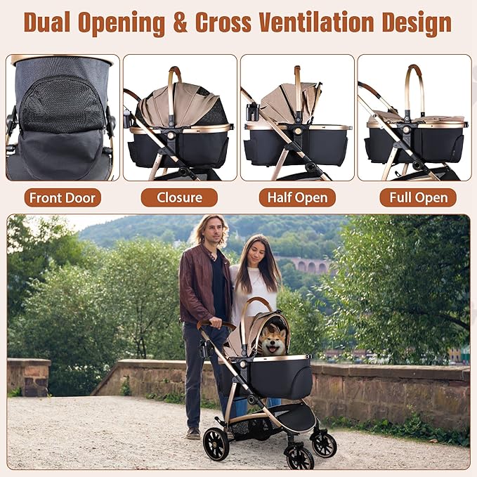 3 in 1 Multifunction Pet Stroller for Small Medium Dogs Cats, No-Zip Dog Stroller with Detachable Carrier &amp; Cup Holder, One-Hand Quick Fold, 4 Wheels Travel Foldable Aluminum Alloy Frame Up to 33 lbs