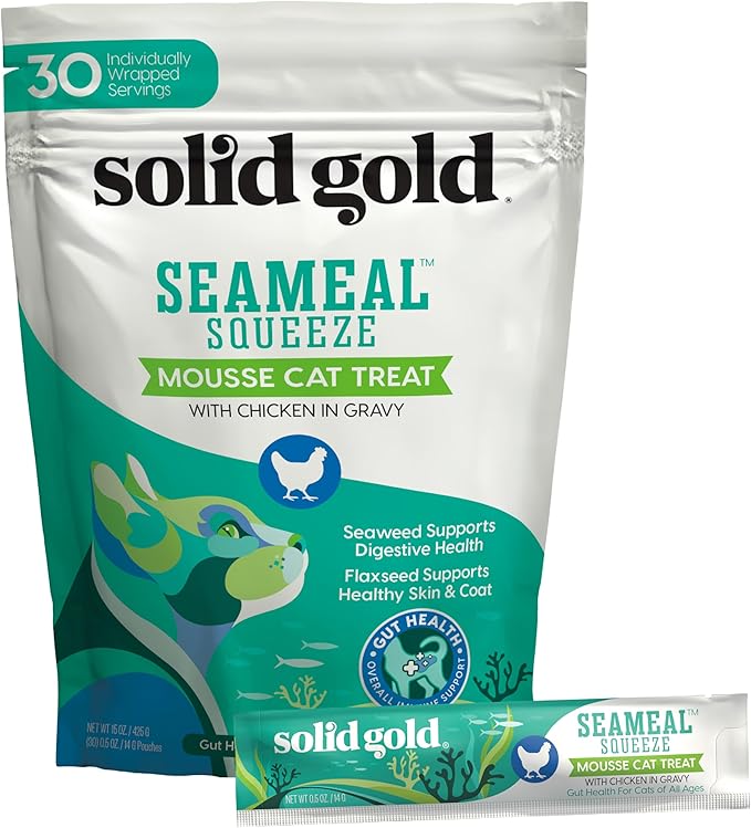 Solid Gold Lickable Cat Treats - Limited Ingredient Chicken SeaMeal™ Squeezable Healthy Cat Treats for Indoor Cats - Snack &amp; Topper Squeeze Ups for Cats w/Seaweed for Gut &amp; Immune Support - 3oz/30ct