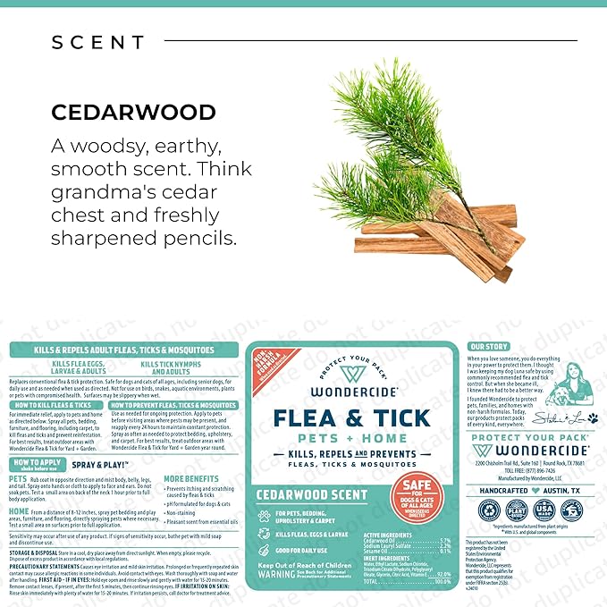 Wondercide - Flea, Tick &amp; Mosquito Spray for Dogs, Cats, and Home - Flea and Tick Killer, Control, Prevention, Treatment - with Natural Essential Oils - Pet and Family Safe - Cedarwood 32 oz