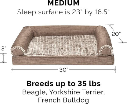 Furhaven Cooling Gel Dog Bed for Medium/Small Dogs w/ Removable Bolsters &amp; Washable Cover, For Dogs Up to 35 lbs - Luxe Faux Fur &amp; Performance Linen Sofa - Woodsmoke, Medium