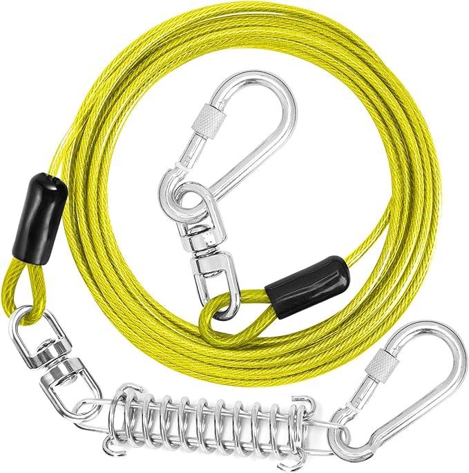 Jenico Dog Tie Out Cable, 10-150FT Runner Cable with Swivel Hook and Shock Spring, Yard &amp; Camping Dog Leash Tether for Small to Medium Pets Up to 500 LBS