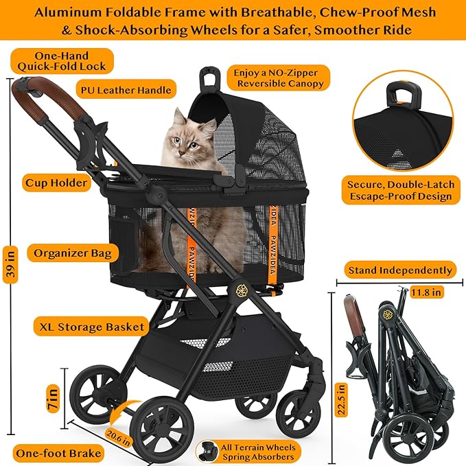 PAWZIDEA Dog Stroller 4 in 1, Pet Stroller for Cats with Detachable Carrier for Small/Medium Dogs/Cats, Seatbelt Car Seat Combo, Cozy House, Foldable &amp; Lightweight Jogger Strollers, Storage Basket