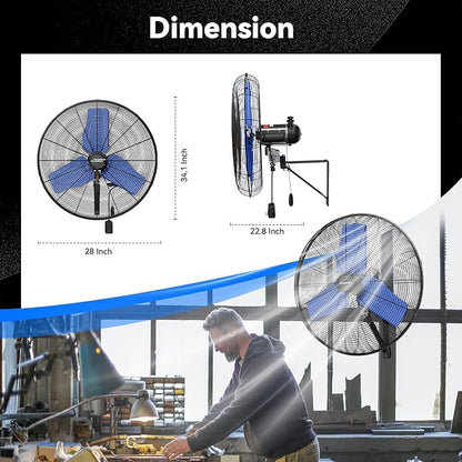 Pro 9500 CFM 24" Outdoor IP44 Waterproof Wall Mount Fan, 3-Speed Oscillating Metal Fans with Enclosure Motor, Heavy Duty Wall Fan for Patio, Warehouse, Garage, and Jobsite