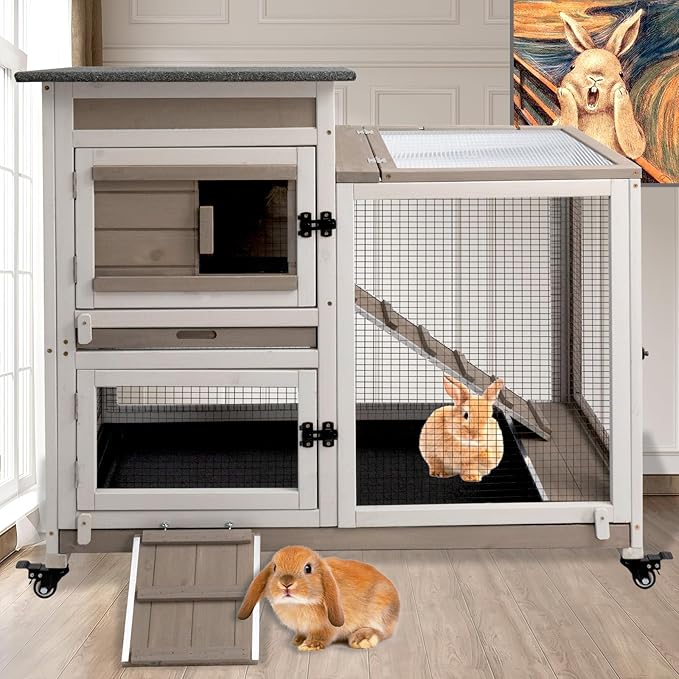 Rabbit Hutch Indoor 40" L Large 2 Story Outdoor Wooden Bunny Hutch with Run, 4 Metal Wheels &amp; 2 Deeper Trays, UV-Proof Panel Rabbit Cage Guinea Pig Pet House for Small-Medium Animals