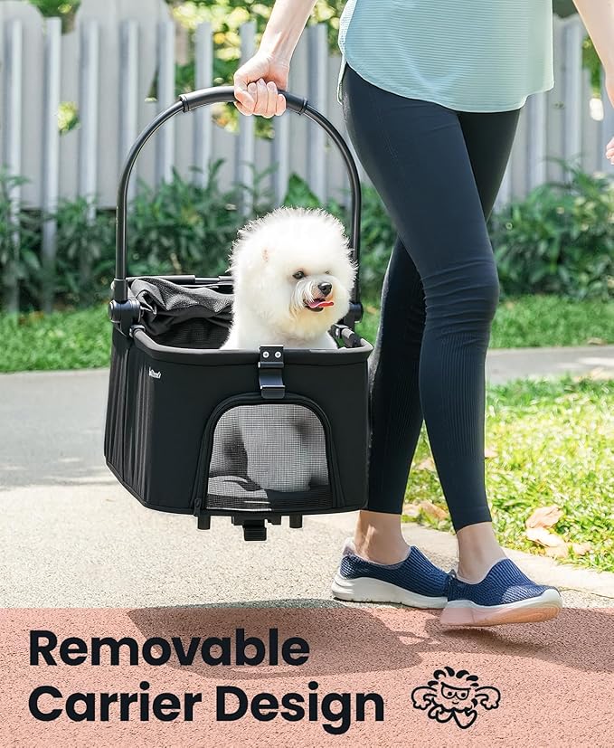 4 Wheels Pet Stroller, Dog Stroller for Small/Medium Dogs and Cats up to 33 lbs, One-Click Fold &amp; Draggable, Removable Carrier, Zipperless Entry, Mesh Windows, Black