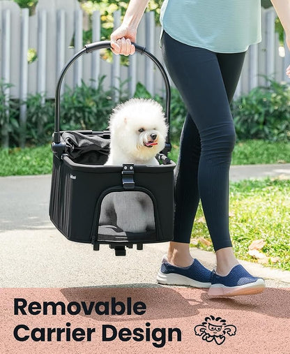4 Wheels Pet Stroller, Dog Stroller for Small/Medium Dogs and Cats up to 33 lbs, One-Click Fold &amp; Draggable, Removable Carrier, Zipperless Entry, Mesh Windows, Black