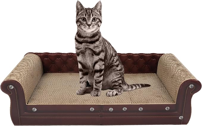 Scratching Sofa, Couch Shaped Thick Scratching Cardboard, Lounge Bed for Indoor Rest&amp;Play, Sofa Scratcher Pad (Brown, 27.6" L X 12.2" W X 7.4" H)