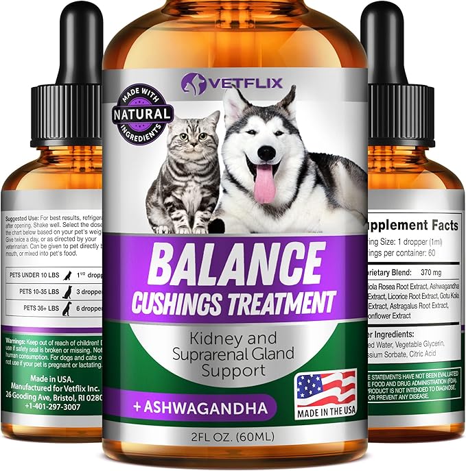 Pet Adrenal Support for Dogs &amp; Cats - Made in USA - Cushings Treatment for Dogs - Cat &amp; Dog Supplement for Kidney Support - 2 Fl Oz