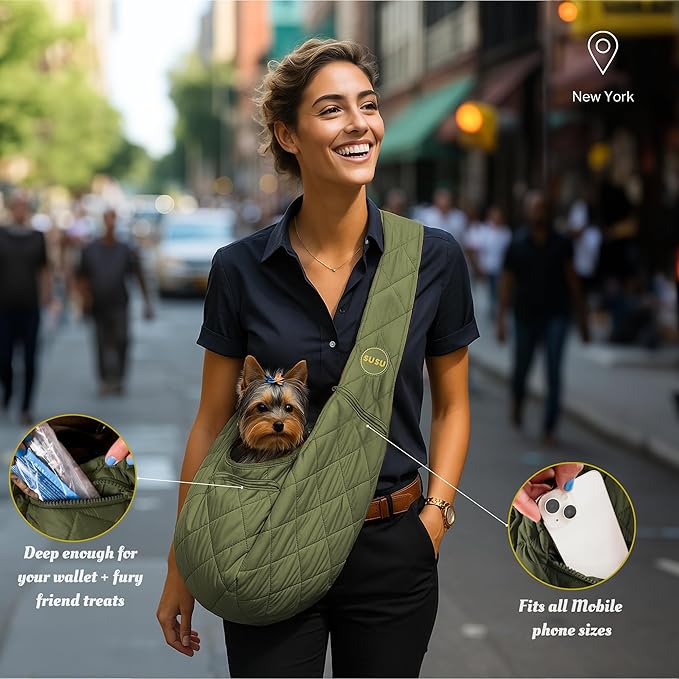 Small Dog Carrier Sling – Olive Green Hands‑Free 2‑in‑1 Sling &amp; Handheld Carrier for Dogs up to 10 lbs, Parachute‑Grade Rip‑Stop Nylon, 4″ Padded Strap, Safety Tether &amp; Pockets