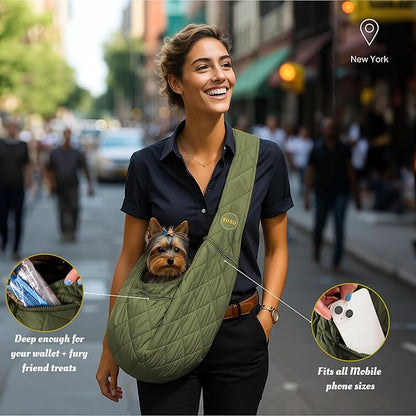 Small Dog Carrier Sling – Olive Green Hands‑Free 2‑in‑1 Sling &amp; Handheld Carrier for Dogs up to 10 lbs, Parachute‑Grade Rip‑Stop Nylon, 4″ Padded Strap, Safety Tether &amp; Pockets
