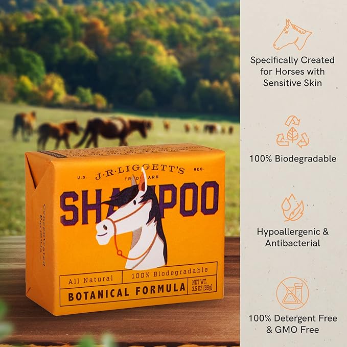 JR Liggett’s Botanical Horse Shampoo Bar for Sensitive Skin - 100% Detergent Free, Non-GMO &amp; Biodegradable - Deep-Cleansing, Hypoallergenic Formula for Healthy Skin, Mane &amp; Tail - 3.5 oz Bar