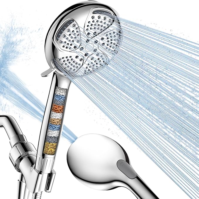 FEELSO Filtered Shower Head with Handheld, High Pressure 7 Spray Showerhead with Filters for Hard Water - Remove Chlorine, Reduce Dry Itchy Skin, Anti-clog Nozzles, Power Wash to Clean Tub, Tile &amp; Pet