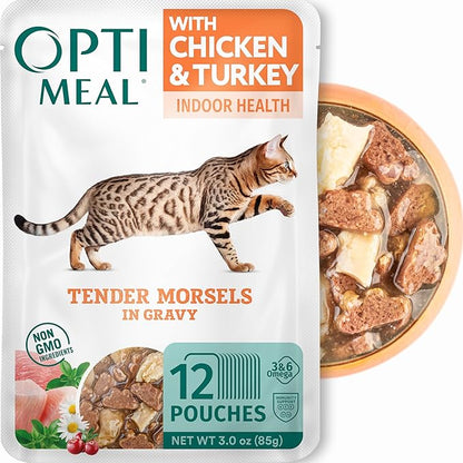 Optimeal Grain-Free Wet Cat Food – Chicken &amp; Turkey Recipe, High Protein &amp; Moisture Rich Indoor Adult Cats Food, Tender Morsels in Savory Gravy Natural Ingredients - 3 oz Pouches, 12 Pack