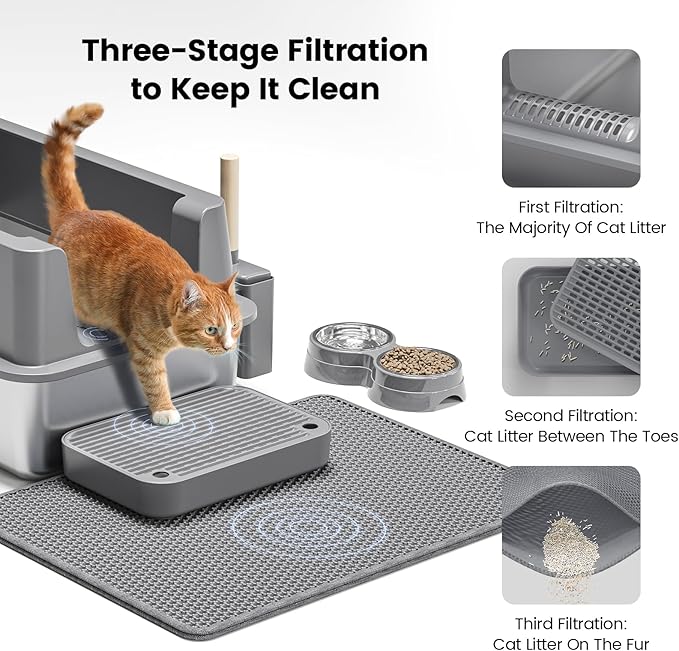 Stainless Steel Cat Litter Box - Enclosed XL Metal Kitty Litter Box with Lid for Big Cats, High Sided, Anti-Leakage, Easy Cleaning, Non-Sticky, Included Litter Mat, Cat Bowl &amp; Spoon