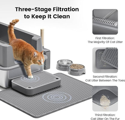 Stainless Steel Cat Litter Box - Enclosed XL Metal Kitty Litter Box with Lid for Big Cats, High Sided, Anti-Leakage, Easy Cleaning, Non-Sticky, Included Litter Mat, Cat Bowl &amp; Spoon